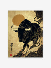 Japanese style bull art print with a black bull outlined in golden lines against a textured gold background with swirling clouds.