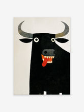 Humorous black bull poster with white eyes and red tongue on a white background, in an illustrative modern art style.