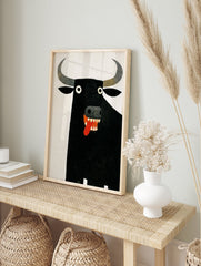 Humorous black bull poster with white eyes and red tongue on a white background, in an illustrative modern art style. - Image 4