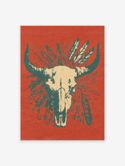 Bull skull poster with feathers on a reddish-orange background, featuring teal horns and beige skull details.