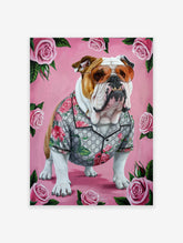 A stylish bulldog wearing sunglasses and a floral shirt, surrounded by pink roses, depicted in a vibrant art poster.