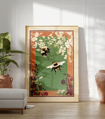 Vintage bumblebee and botanical flower illustration art print with green background and orange floral border. - Image 3