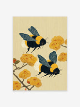 Japanese style bumblebee wall art print featuring two bees flying among yellow flowers and branches on a textured beige background.