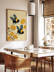 Japanese style bumblebee wall art print featuring two bees flying among yellow flowers and branches on a textured beige background. - Image 2