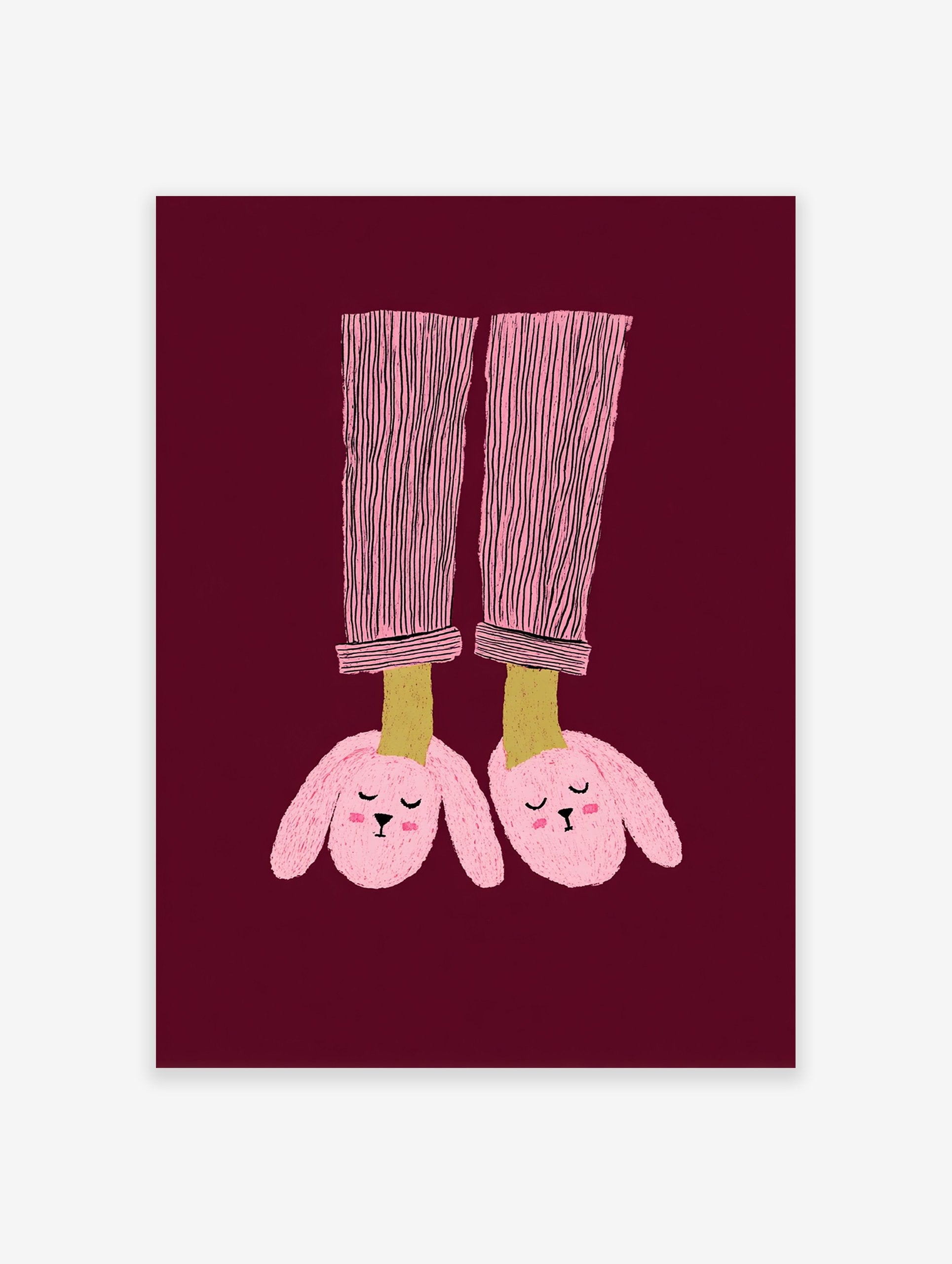 Illustration of feet in pink striped pajamas and pink bunny slippers on a maroon background. Bunny Slippers Wall Art.