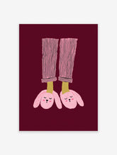 Illustration of feet in pink striped pajamas and pink bunny slippers on a maroon background. Bunny Slippers Wall Art.