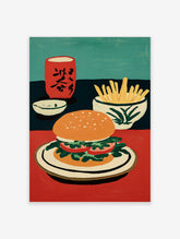 Burger and fries poster with red cup and teal background, retro food art print
