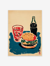 Retro pop art print of a burger, glass of red soda, and soda bottle on teal background