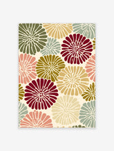Retro floral pattern art print with burgundy, green, pink and blue fan-shaped flowers on cream background
