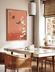 Japanese poster with two orange and black butterflies flying around white plum blossoms on a reddish-orange background. - Image 2