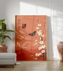 Japanese poster with two orange and black butterflies flying around white plum blossoms on a reddish-orange background. - Image 3