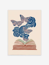 Illustrative Butterfly Book Art print with blue and red butterflies flying from an open book with swirling patterns