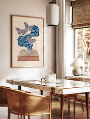 Illustrative Butterfly Book Art print with blue and red butterflies flying from an open book with swirling patterns - Image 2