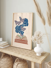 Illustrative Butterfly Book Art print with blue and red butterflies flying from an open book with swirling patterns - Image 3