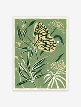 Butterfly and botanical foliage illustration in sage green and cream colours as a botanical art print