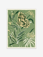 Butterfly and botanical foliage illustration in sage green and cream colours as a botanical art print