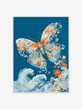 Butterfly poster with intricate orange floral patterns and blue waves on a deep teal background, Japanese art style.