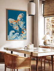 Butterfly poster with intricate orange floral patterns and blue waves on a deep teal background, Japanese art style. - Image 2