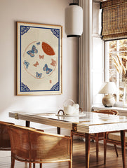 Traditional blue and red butterfly wall art print with a moon and ornate blue corner borders on a light background. - Image 3