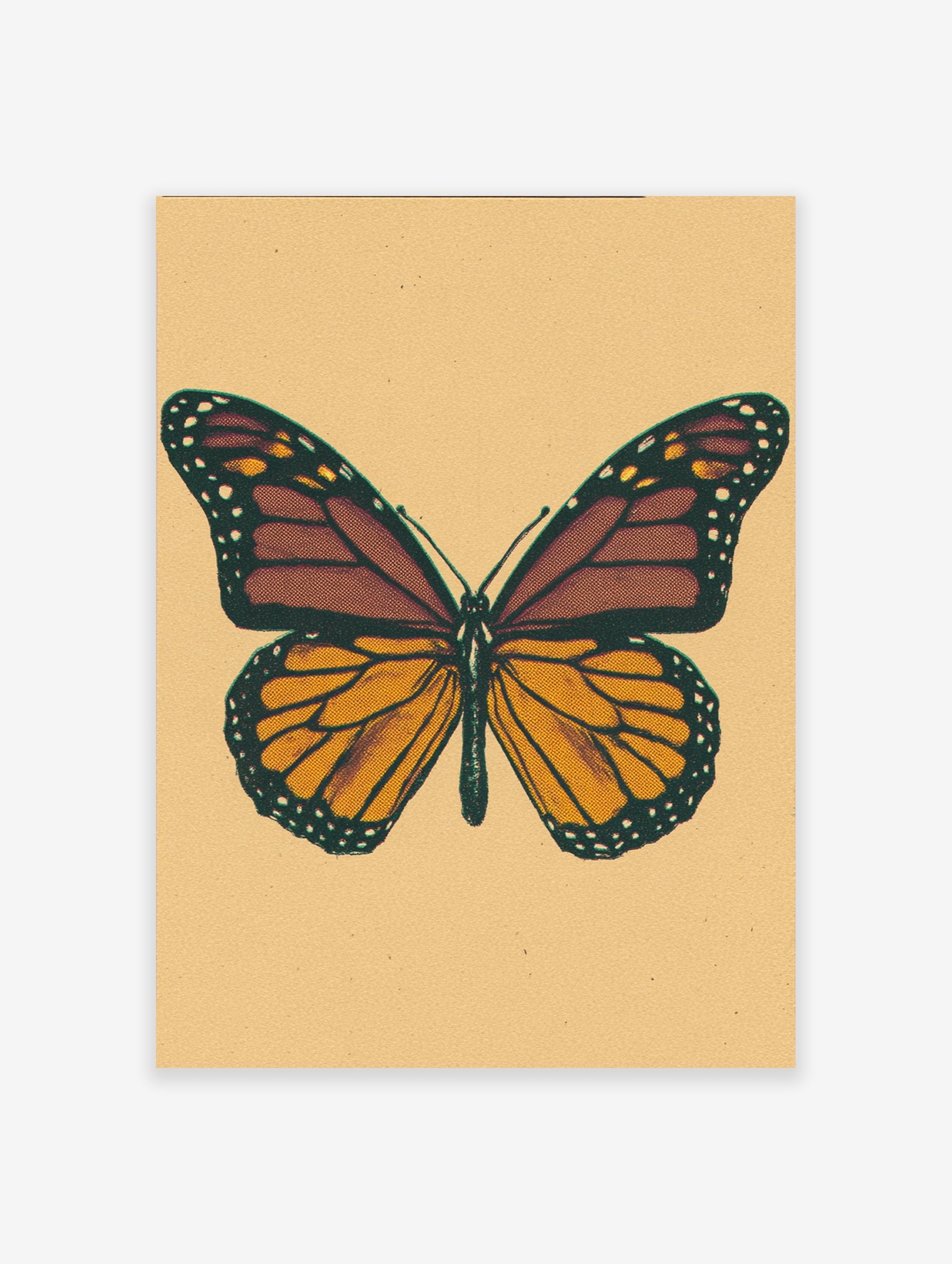 Vintage monarch butterfly illustration art print with orange and brown wings on a beige textured background.