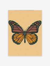 Vintage monarch butterfly illustration art print with orange and brown wings on a beige textured background.