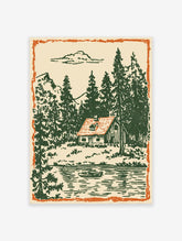 Vintage illustration of a cabin by a lake with green pine trees, mountains, and an orange border.