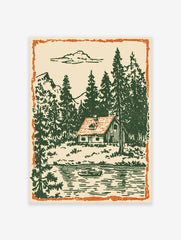 Vintage illustration of a cabin by a lake with green pine trees, mountains, and an orange border.