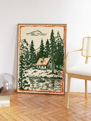 Vintage illustration of a cabin by a lake with green pine trees, mountains, and an orange border. - Image 2