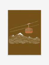 Illustrative art print of a red cable car over white snow-capped mountains on a brown background