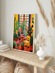 Colorful cacti garden poster with various succulents, red flowers, a yellow chair, and a window view, in an illustrative style. - Image 4