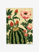 Botanical illustration of a green cactus with pink flowers and leafy stems on a cream background, wall art print