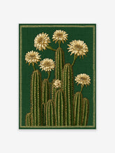 Botanical illustration of a cluster of tall green cacti with cream flowers on a dark textured green background