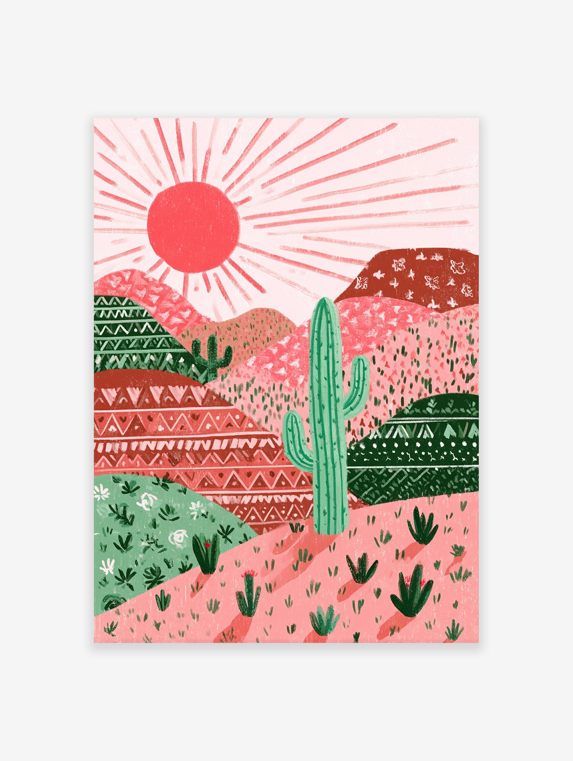 Illustrated cactus desert landscape wall art with pink and red mountains, green cactuses, and a bright sun.