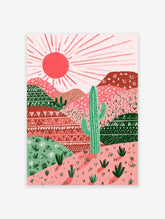 Illustrated cactus desert landscape wall art with pink and red mountains, green cactuses, and a bright sun.
