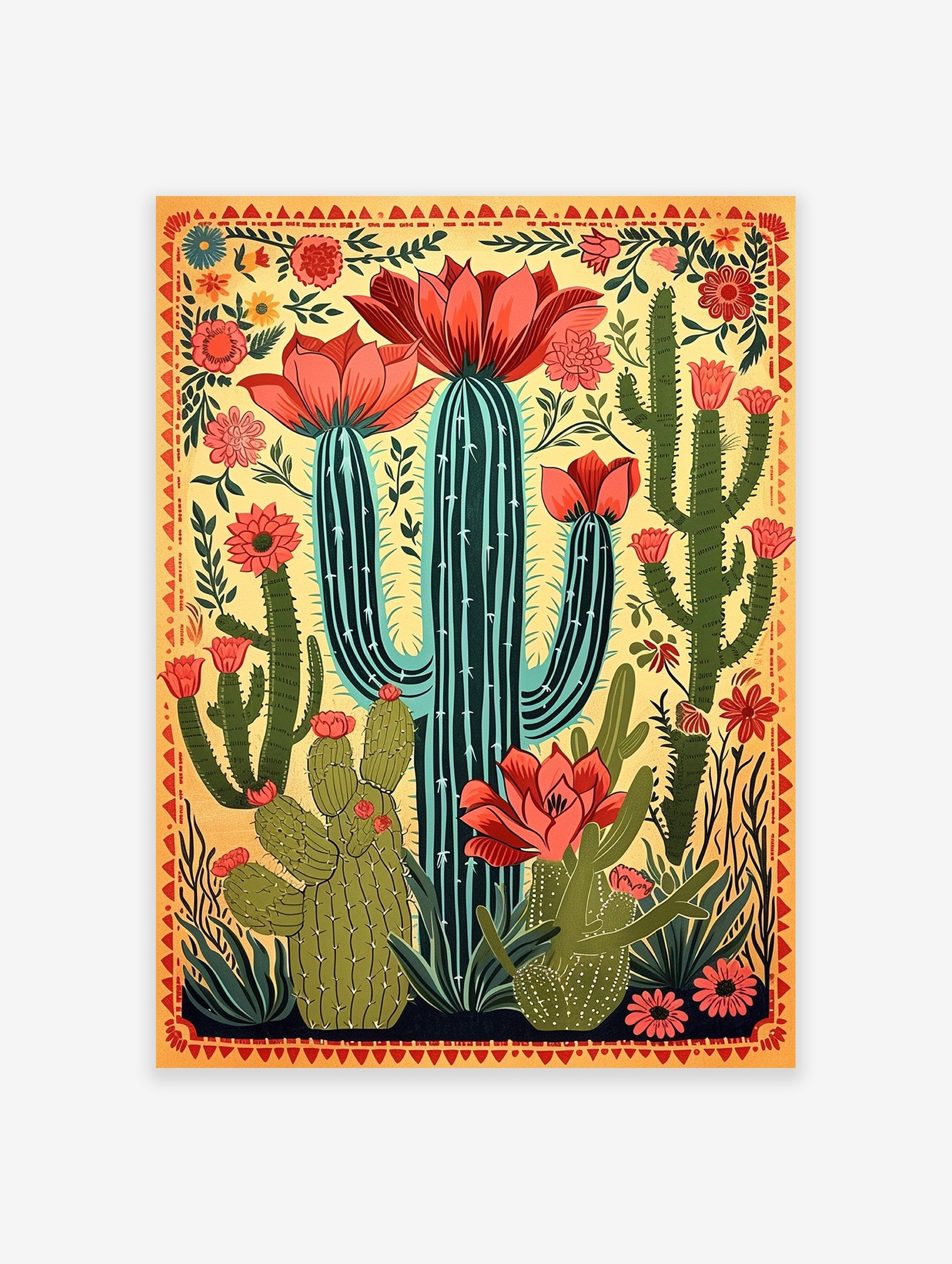Cactus flower art poster with yellow background, green cacti, and vibrant red and pink blooms in an illustrated style.