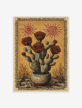 Potted prickly pear cactus flower poster with red blooms and stylized suns in a folk art style on an orange background.
