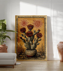 Potted prickly pear cactus flower poster with red blooms and stylized suns in a folk art style on an orange background. - Image 3
