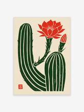 Illustrative cactus wall art with a vibrant red flower and bud on a textured cream background with a small red stamp