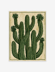 Stylised green cactus illustration with blooming flowers on a textured tan background botanical wall art print