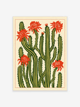 Illustrative cactus wall art with red flowers and green stems on a cream background