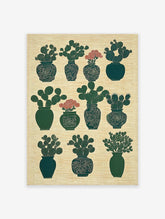 Green potted cactus botanical wall art print with red flowers arranged in a grid pattern on a textured beige background.