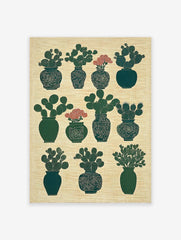Green potted cactus botanical wall art print with red flowers arranged in a grid pattern on a textured beige background.