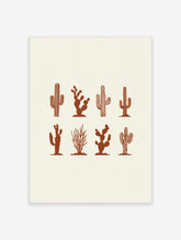 Cactus wall art print with eight brown desert plants on cream background