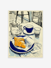 Illustrative art print of a cafe breakfast with a croissant, blue coffee cup, and teapot on a newspaper-covered table.