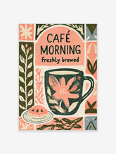 Café Morning coffee poster with pink floral mug, retro text, and tomato pastry on a plate