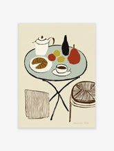 Illustrated café still life with teapot, croissant, coffee, pear, and fruit on round table
