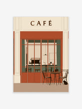 Retro café storefront illustration with red facade, large windows, outdoor seating, and CAFÉ sign