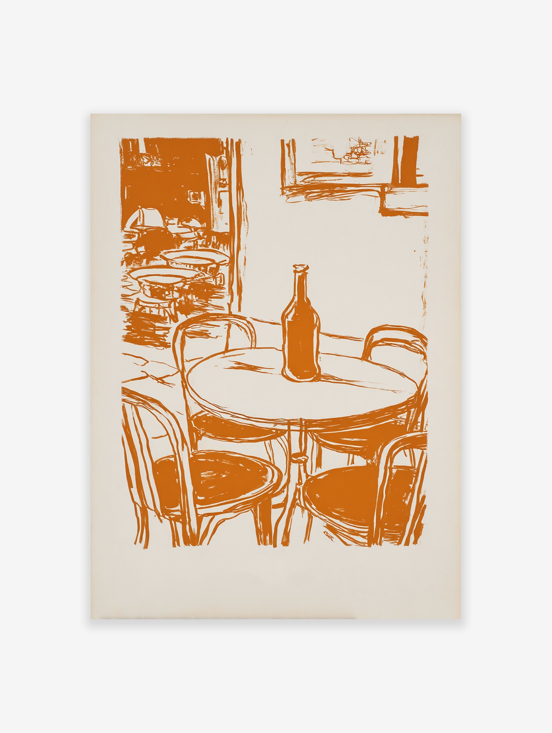 Vintage orange cafe street scene illustration print with a table, bottle, and chairs on a light background.