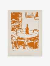 Vintage orange cafe street scene illustration print with a table, bottle, and chairs on a light background.