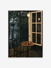 Illustration of a rainy cafe window with a wooden chair, coffee cup, and soft yellow light against a dark, stormy background